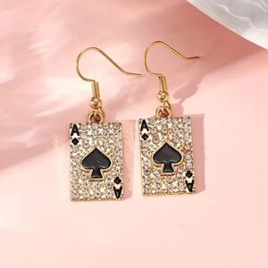 Chic Ace of Spades Dangle Earrings – Gold tone with Rhinestone Playing Card